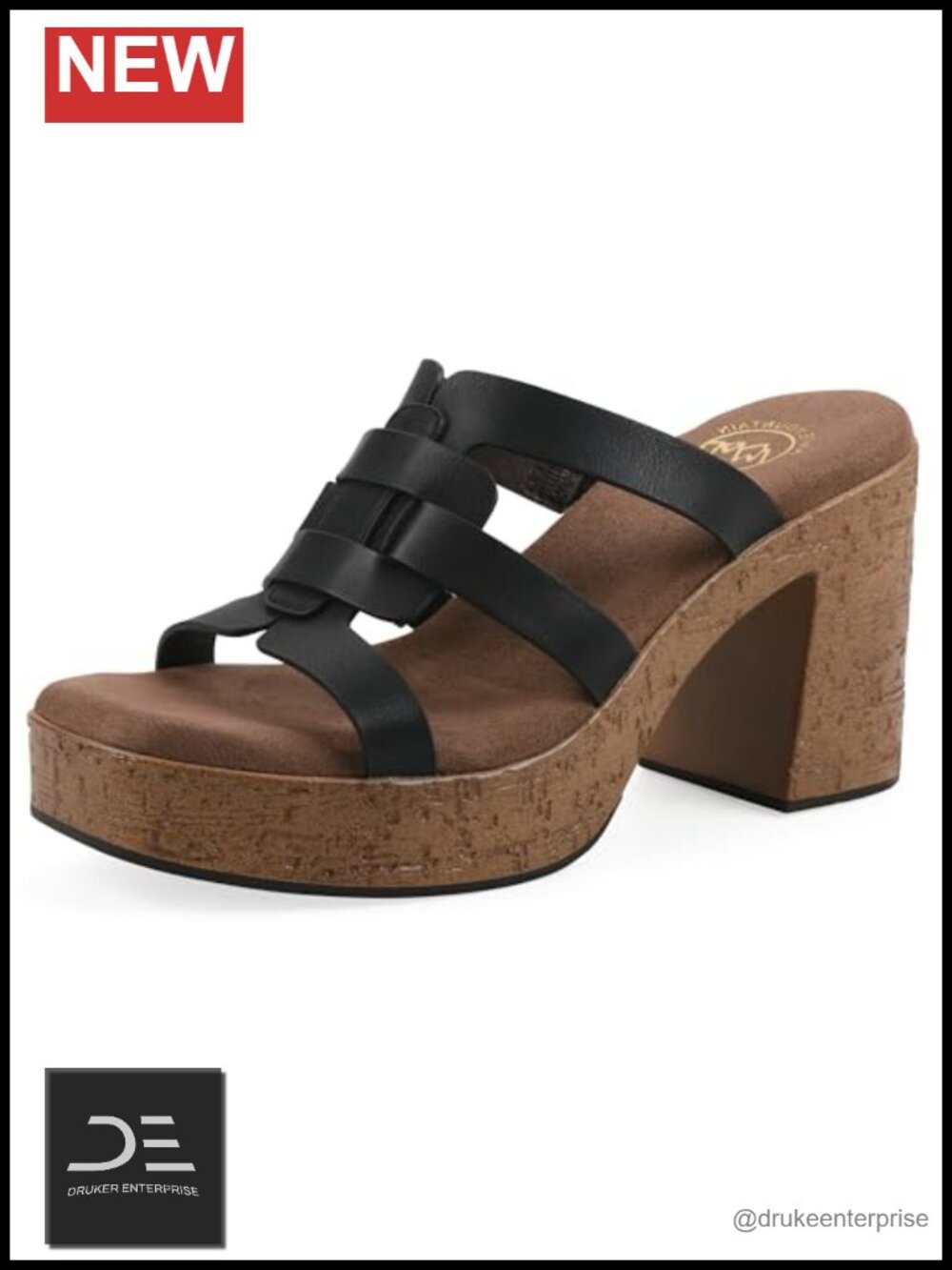 Platform Sandals Block Heel Cork Insole PU Square Toe Buckle